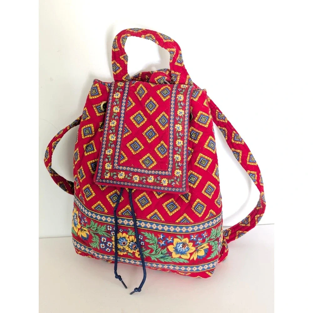 Vera Bradley Mimi Backpack Villa Red Retired 2004 Quilted Drawstring Bag